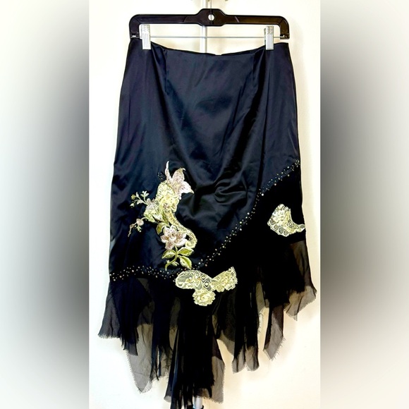 Adrianna Papell black satin and gauze asymmetrical embroidered beaded skirt 10 - Picture 1 of 12